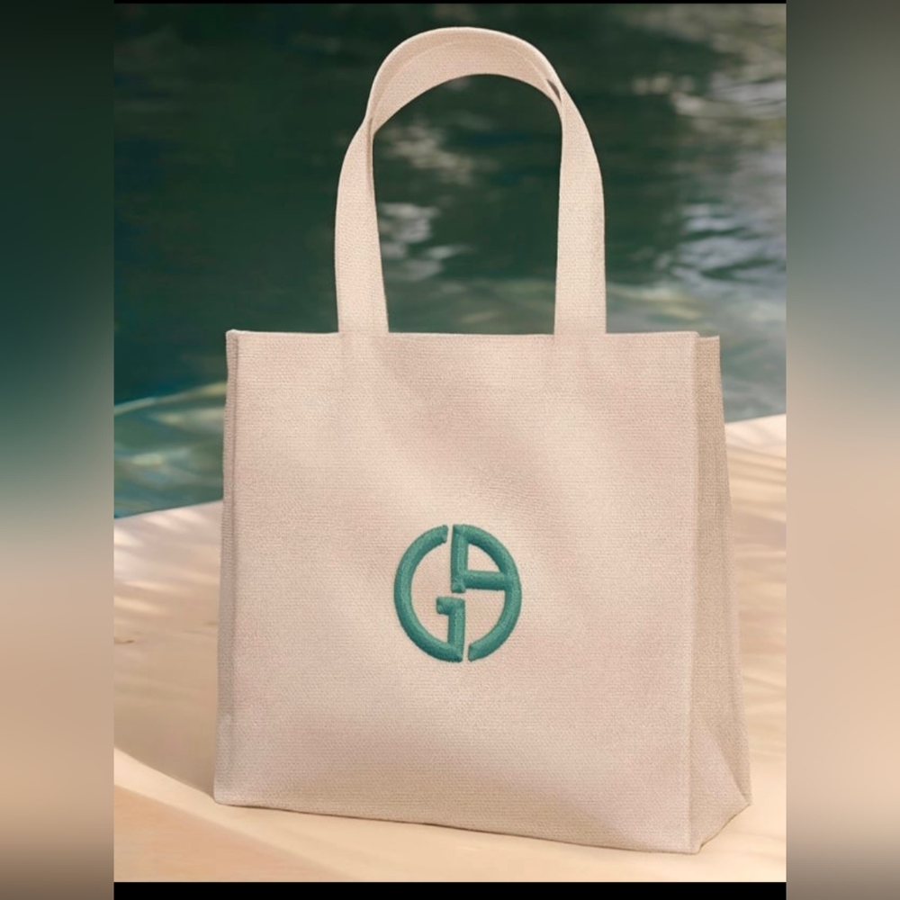 Beige Tote Bag with Blue Logo